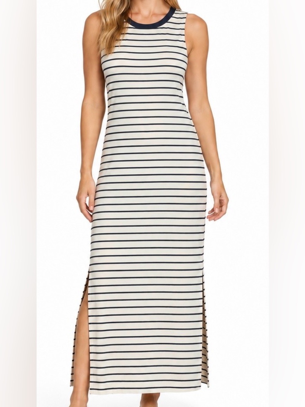 NWT- Sol Angeles Striped Sleeveless Maxi Dress Navy Cream Size Small